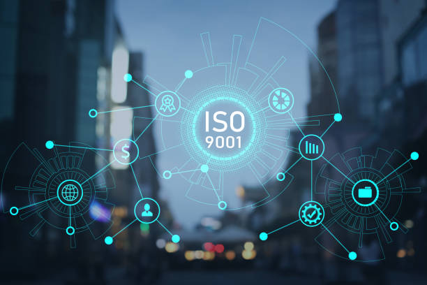 international organization for standardization (iso 9001). different virtual icons and blurred view of cityscape on background - 万物互联 個照片及圖片檔