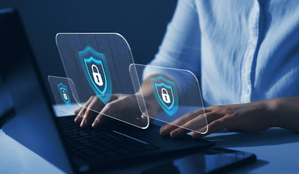 cyber security  firewall interface protection concept. businesswoman protecting herself from cyber attacks. personal data security and banking. - 网络安全 個照片及圖片檔