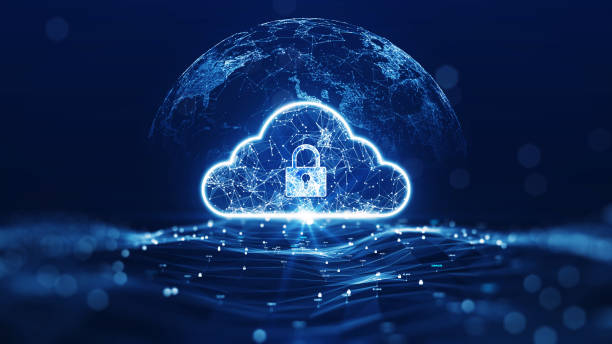 cloud computing technology concept transfer database to cloud. there is a large cloud icon that stands out in the center of the abstract world above the polygon with a dark blue background. - 网络安全 個照片及圖片檔