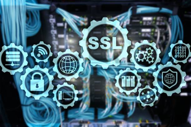 ssl 安全通訊端層概念。加密協定提供安全通信。伺服器機房背景。 - sd-wan 個照片及圖片檔
