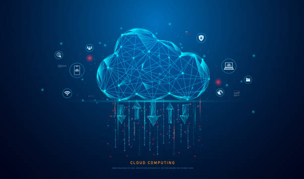 cloud computing icon on low polygonal style for technology cloud computing for data transmission, database, data storage, and backup. networking and internet service concept. - 平台安全 幅插畫檔、美工圖案、卡通及圖標