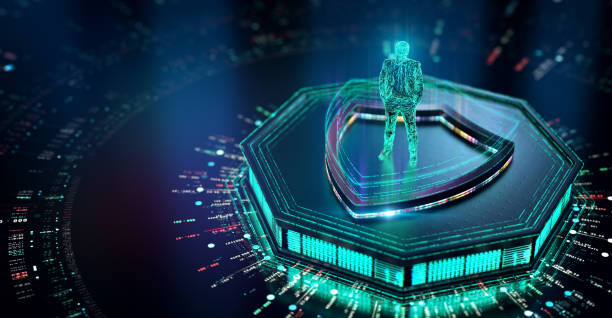 internet cyber security concept. holographic man protected by digital shield. shield icon holographic code. cgi 3d render - 网络安全 個照片及圖片檔