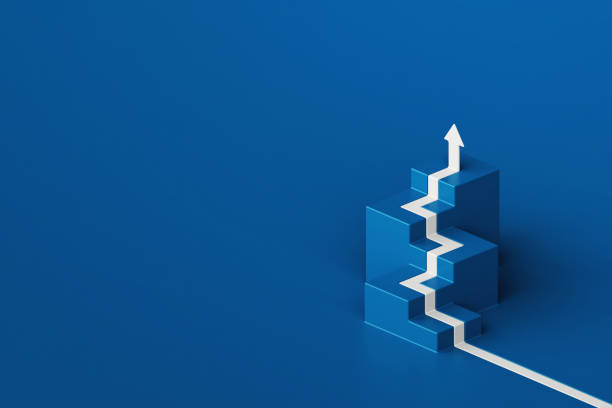 white arrow flows on cube stair shape against blue backdrop, business way concept, minimal style, 3d rendering - 企业平台 個照片及圖片檔