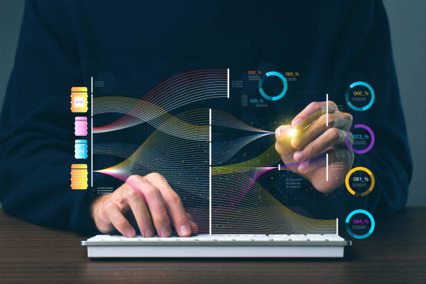 data scientists analyze and visualize massive data on virtual screens, using ai to process complex data. big data technology and data science.data flow.digital neural network.artificial intelligence - 企业平台 個照片及圖片檔