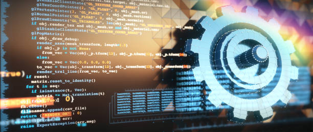 abstract computer aided design concept with python programming language code, computer data and a blue 3d mesh gear model blueprint. - 系统软件 個照片及圖片檔